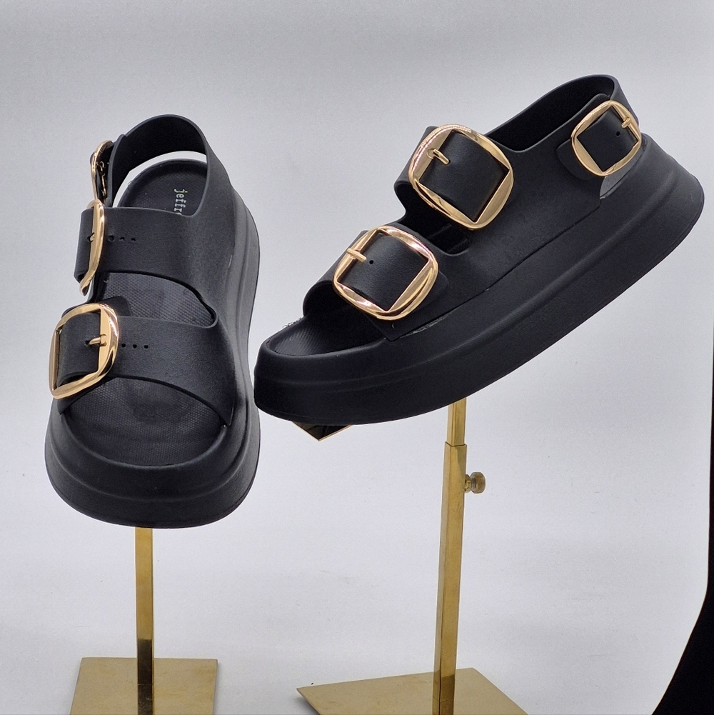 NWT Jeffrey Campbell Black Platform Sandals with Gold Buckles